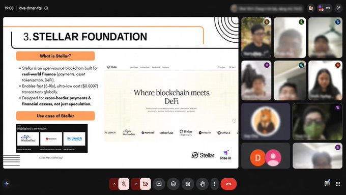 A Google Meet video conference screenshot titled '3. STELLAR FOUNDATION' presenting slides about the Stellar blockchain network, with the presenter's slide visible alongside a grid of participant video feeds.