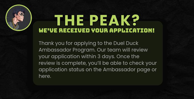 A confirmation message titled 'THE PEAK? WE'VE RECEIVED YOUR APPLICATION!' thanking the applicant for applying to the Duel Duck Ambassador Program and stating that their team will review the application within 3 days.