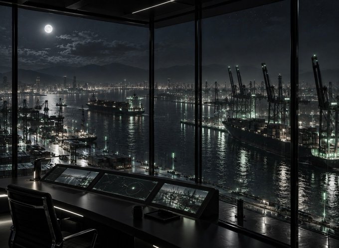 A digital artwork showing a nighttime view from inside a control room, overlooking a busy industrial harbor with cranes, ships, and a full moon.