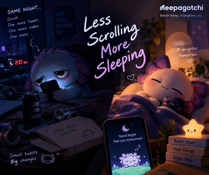 A Sleepagotchi advertisement contrasting a tired figure scrolling late at night with a happy sleeping character, promoting "Less Scrolling More Sleeping" and a healthier tomorrow.