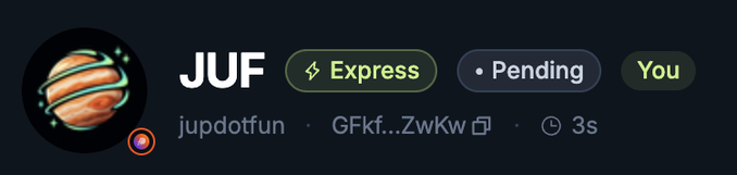 A digital wallet connection interface showing 'JUF' (jupdotfun) with 'Express', 'Pending', and 'You' status indicators, and a shortened address 'GFkf...ZwKw'.