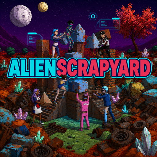 A pixel-art style graphic for 'ALIEN SCRAPYARD' featuring characters exploring a landscape with brick structures, crystals, planets, and a vibrant red tree.