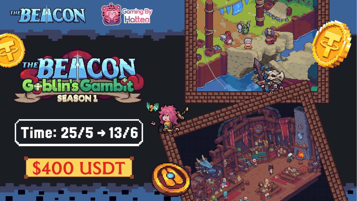 In this image, there are two game posters advertising an event called "The Beacon Gbellini Gambit Season 1". The poster features a colorful graphic of various characters playing the video game. The text at the bottom of the posters reads "join the event between @gamingbyhatten and @The_Beacon_GG for a chance to win $400 USDT & many other rewards by registering app." It seems like these events are related to a popular mobile gaming platform, as they aim to promote its new video game release.