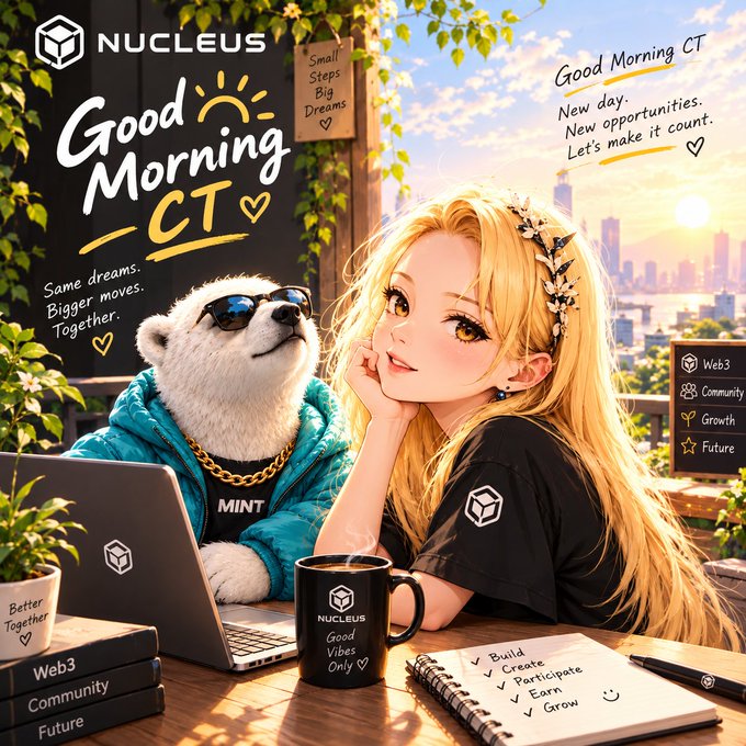 An anime-style illustration for "Good Morning CT" by NUCLEUS, showing a blonde girl and a bear in sunglasses working on a laptop with motivational text about Web3, Community, and Growth.