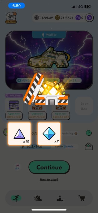 A move-to-earn app screenshot showing an NFT sneaker with mining crates offering rewards, displaying currencies like GST at 15701.89 and GMT at 36177.38.