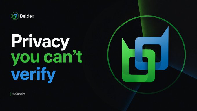A promotional graphic for Beldex featuring a green and blue logo with the text 'Privacy you can't verify' and the handle '@0xndra'.