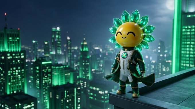 A stylized green-and-yellow mascot-like superhero figure stands on a rooftop ledge above a glowing nighttime city skyline.