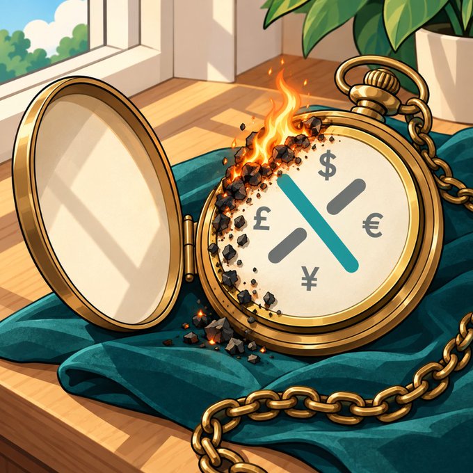 A burning pocket watch displaying currency symbols ($ £ ¥ €) with a melting edge represents the "Buy back & burn" of $CROSSRATE tokens, visually symbolizing the irreversible destruction of the purchased tokens sent to a dead address.