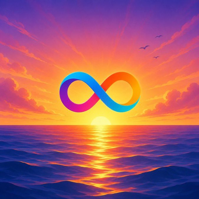 A vibrant digital illustration of a colorful infinity symbol glowing against a sunset sky over the ocean, with the sun setting on the horizon and birds flying in the distance.