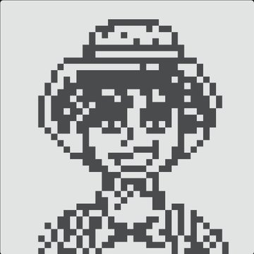 A black and white 8-bit pixel art portrait of a smiling person wearing glasses and a cap.