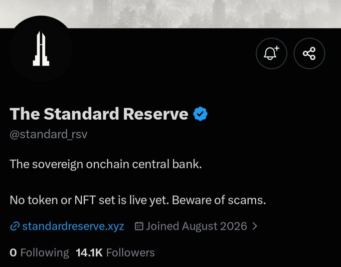 The image shows the X (formerly Twitter) profile of "The Standard Reserve" (@standard_rsv), which describes itself as "the sovereign onchain central bank" with 14.1K followers, joined August 2026. The post highlights that this project aims to build an on-chain central bank on Ethereum where NFT holders act as "bankers," with the $STANDARD token (supply of 1,000, mint date TBA) expanding or contracting based on reserves.