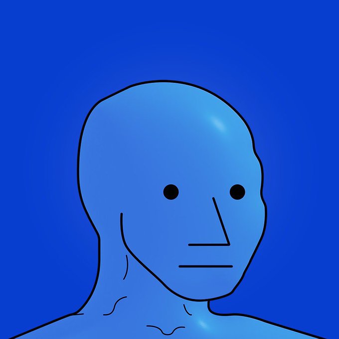A blue NPC meme face is depicted against a deep blue background, featuring minimalistic line-drawn facial features and a blank expression, perfectly embodying the "$NPC BASED" post's theme of the unthinking, "non-player character" mentality in crypto culture.