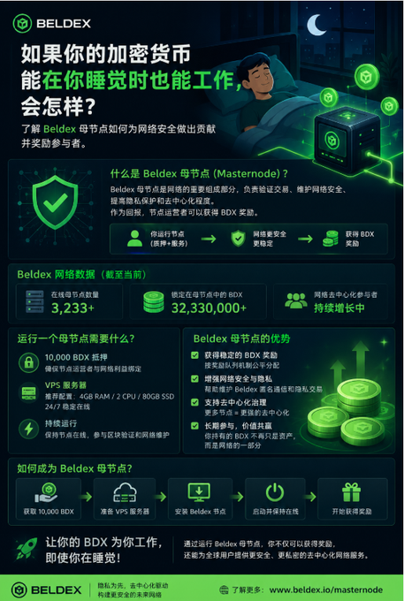 A Chinese-language infographic for 'BELDEX' explaining cryptocurrency masternodes and how to earn BDX rewards.