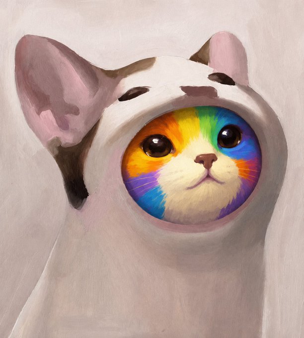 A surreal digital painting of a white cat with a colorful rainbow-patterned face inside a gray-and-white cat-like head.