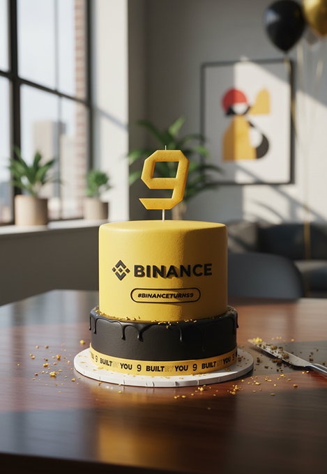 A Binance-branded 9th anniversary cake with a yellow "9" candle sits on a table, celebrating the crypto exchange's milestone—fitting for a "GM" post marking another year of the platform's journey.
