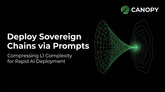 Canopy promotional banner reading 'Deploy Sovereign Chains via Prompts - Compressing L1 Complexity for Rapid AI Deployment' with a green geometric funnel graphic.