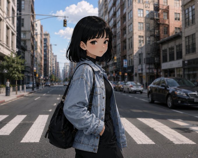 An anime-style illustration of a young woman with short black hair wearing a light blue denim jacket over a black top, standing on a city street crosswalk with a backpack, surrounded by urban buildings and cars.