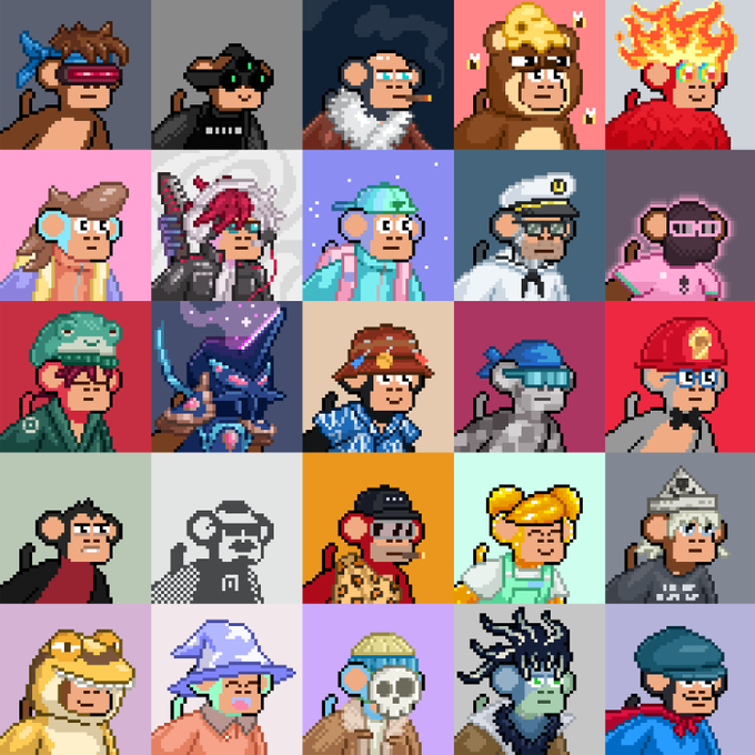 A grid showcasing 25 pixel-art NFT monkey avatars with various outfits, hats, and accessories in different color schemes.
