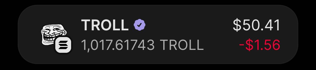 A cryptocurrency portfolio widget showing TROLL token holdings of 1,017.61743 TROLL, valued at $50.41 with a -$1.56 loss.