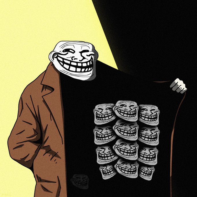 An illustration of a figure in a brown coat wearing the classic grinning trollface mask, with a grid of additional trollface masks displayed on their black shirt.
