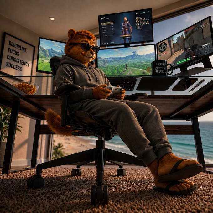 An AI-generated image of a bear wearing sunglasses and a gray hoodie, sitting at a gaming desk with multiple monitors and holding a controller. Framed posters on the wall read 'DISCIPLINE FOCUS CONSISTENCY SUCCESS.'