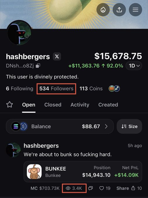 The image shows a profile page on Pumpfun mobile app for user "hashbergers" with 534 followers and a current BUNKEE position valued at $14,943.10 with a +$14.09K gain and 3.4K views on their recent callout post "We're about to bunke so fucking hard," illustrating how strategic callouts have helped grow their follower count significantly in 24 hours.