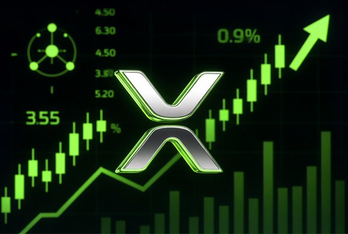 A glowing XRP logo is centered against a dark background featuring green candlestick chart patterns, an upward-pointing arrow, and various data points including "0.9%" and "3.55". The bullish chart imagery aligns with the post's question of whether XRP is still a worthwhile buy, visually reinforcing a positive price momentum narrative.
