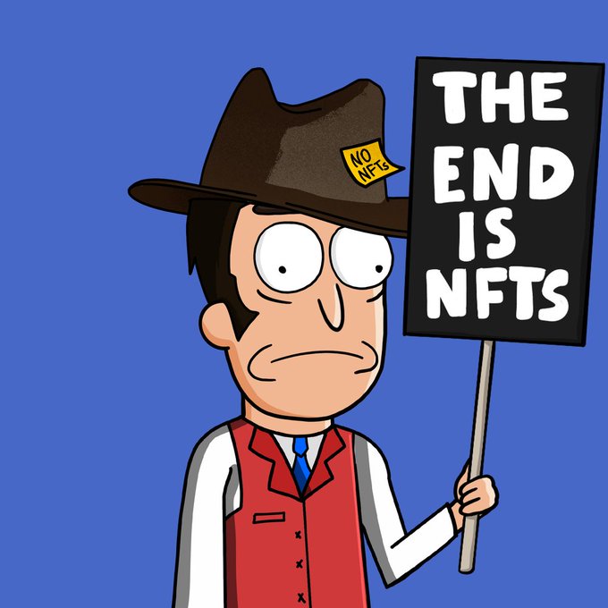 A cartoon illustration depicts a somber man in a red vest and brown hat with a 'NO NFTs' sticker, holding a protest sign reading 'THE END IS NFTS'.
