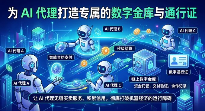A digital graphic in Chinese titled '为AI代理打造专属的数字金库与通行证' (Building exclusive digital vaults and passes for AI agents), illustrating AI agents conducting transactions with smart contracts and on-chain digital vaults.