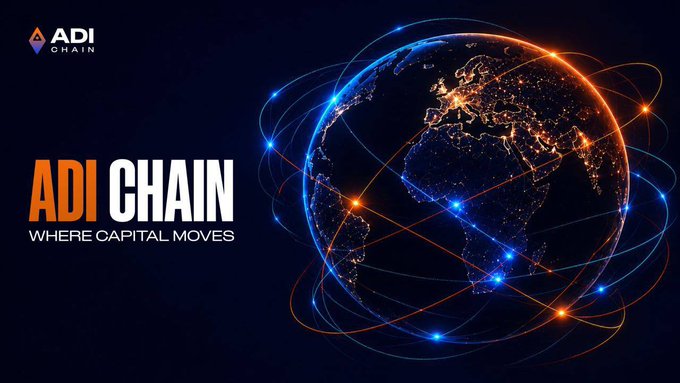 ADI Chain promotional graphic with a glowing digital globe showing global connections, text reading 'ADI CHAIN - WHERE CAPITAL MOVES'.