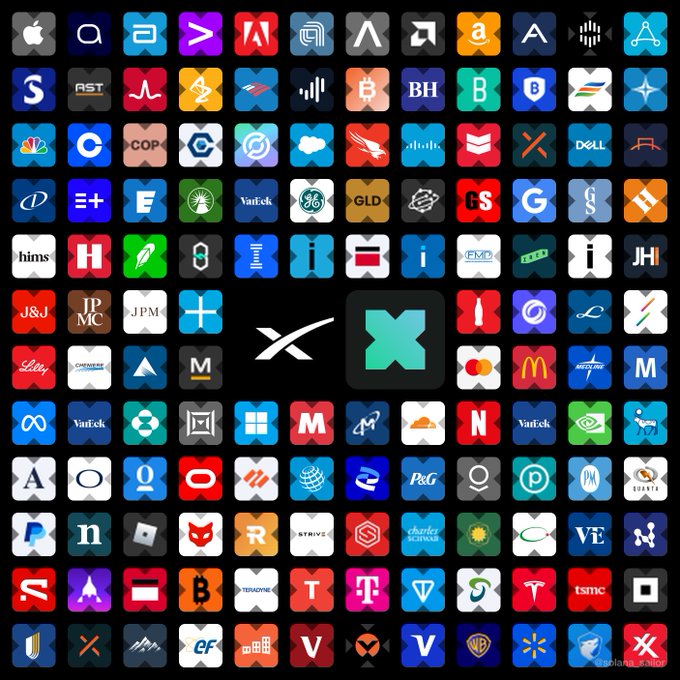 The image features a black background with various logos, including those for companies such as SpaceX, @xStocksFi, and @solana. The text in the image suggests that these companies are involved in the stock market or cryptocurrency space, possibly indicating an ongoing trading activity. The post also mentions that one stock is getting the spotlight on Twitter, which could be a significant event or news related to this particular stock. Additionally, there's a reference to @solana becoming one of the key rails, implying that it might be a milestone in the cryptocurrency market.