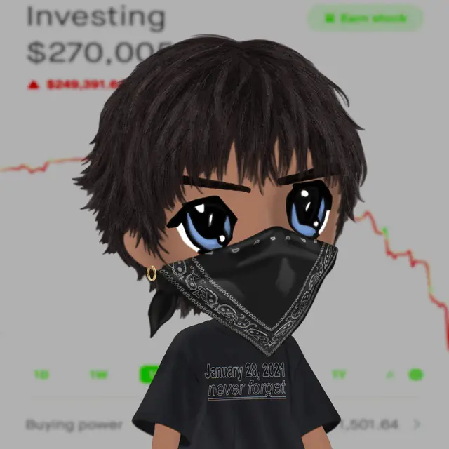 A cartoon-style avatar with a black bandana mask wearing a shirt reading "January 28, 2021 never forget," set against a background of a Robinhood investing account showing significant losses.