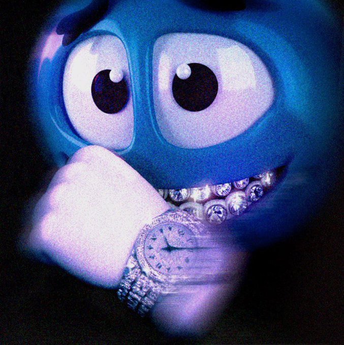 A close-up digital artwork of a blue cartoon-like face with large eyes, wearing diamond jewelry including a grill and a sparkling watch, set against a dark background with a vignette effect.