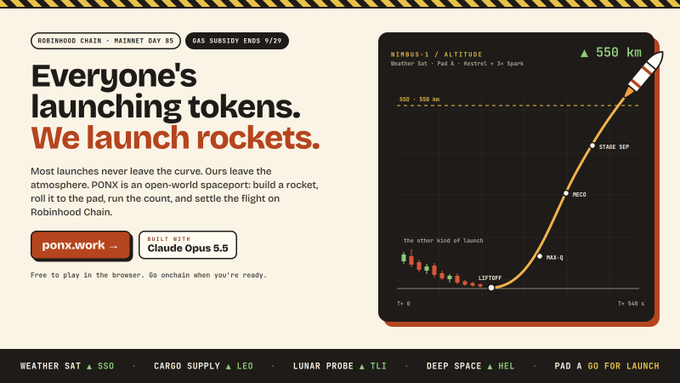 A website screenshot for 'PONX' on Robinhood Chain features the slogan 'Everyone's launching tokens. We launch rockets,' alongside a graph tracking a rocket's altitude reaching 550 km.