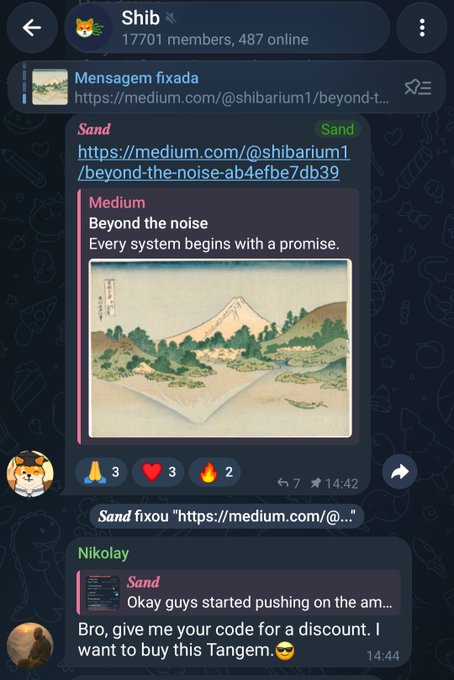 A screenshot of a Telegram group chat called "Shib" with 17,701 members shows user "Sand" sharing a Medium article titled "Beyond the noise" about Shibarium, along with other users requesting discount codes for "Tangem," suggesting this is the alleged fake Medium post and community activity referenced in the post about Sand's involvement with shibarium_ and counterfeit projects.