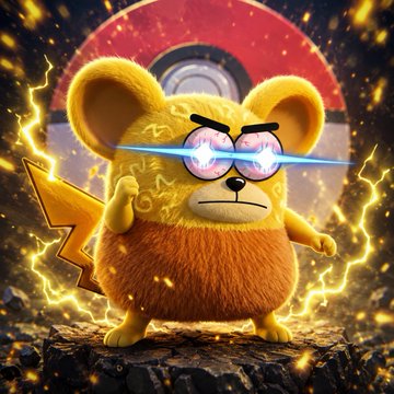A fluffy yellow mouse-like creature resembling Pikachu with glowing sunglasses and a lightning bolt tail stands dramatically in front of a Pokéball, surrounded by electric energy. The image playfully symbolizes the seller's "charged up" exit from Bitcoin into Pokémon cards, mocking crypto traders with the catchphrase "it was fun" as the character strikes a final, electrifying pose.