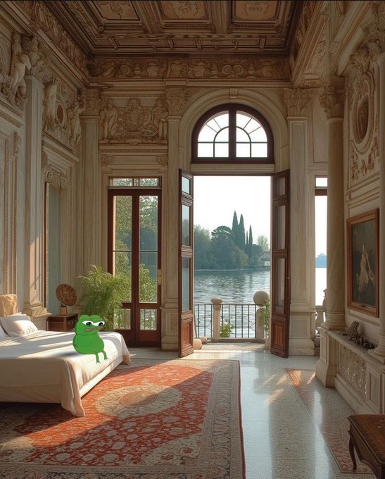 A small green frog character sits on a sunlit bed in an opulent, ornate Renaissance villa overlooking a serene lake, humorously embodying the relaxed, sidelined mood while the caption promotes various crypto trading referral codes for those experiencing FOMO. The contrast between the luxurious, peaceful setting and the anxious call to action creates a tongue-in-cheek visual commentary on trading culture.