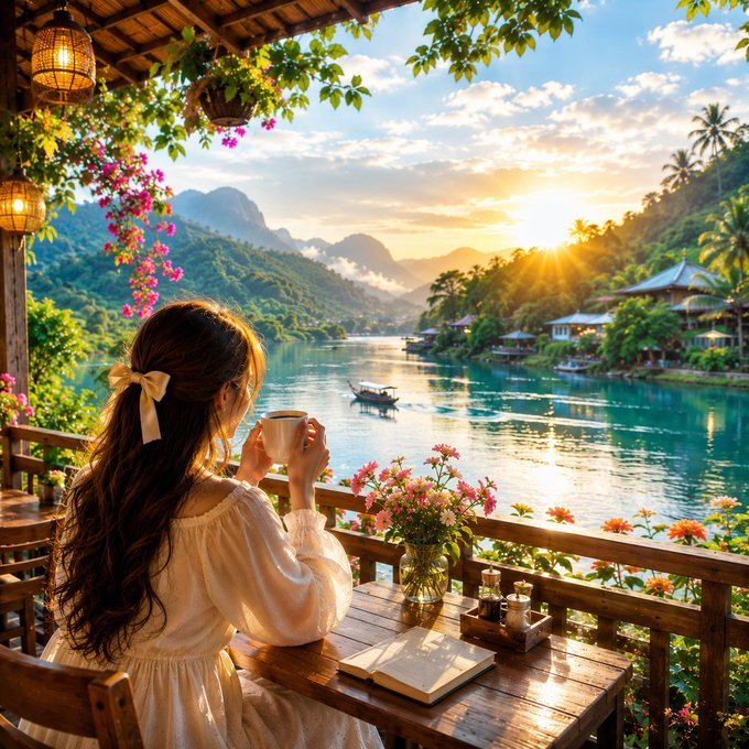 A serene digital painting of a woman with a hair bow drinking from a cup at a wooden table on a balcony, overlooking a tropical river at sunset with mountains, a small boat, and lush flowers.