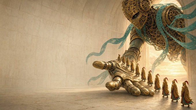 A massive ornate mechanical hand with gears and flowing teal ribbons lies on its side, while a procession of robed figures walks along its fingers toward its palm.