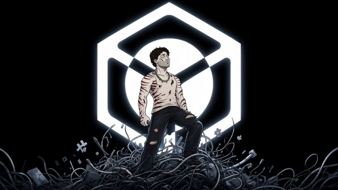 An anime-style illustration shows a bloodied, shirtless man standing triumphantly atop a pile of wires and debris, set against a glowing white hexagonal logo on a black background.