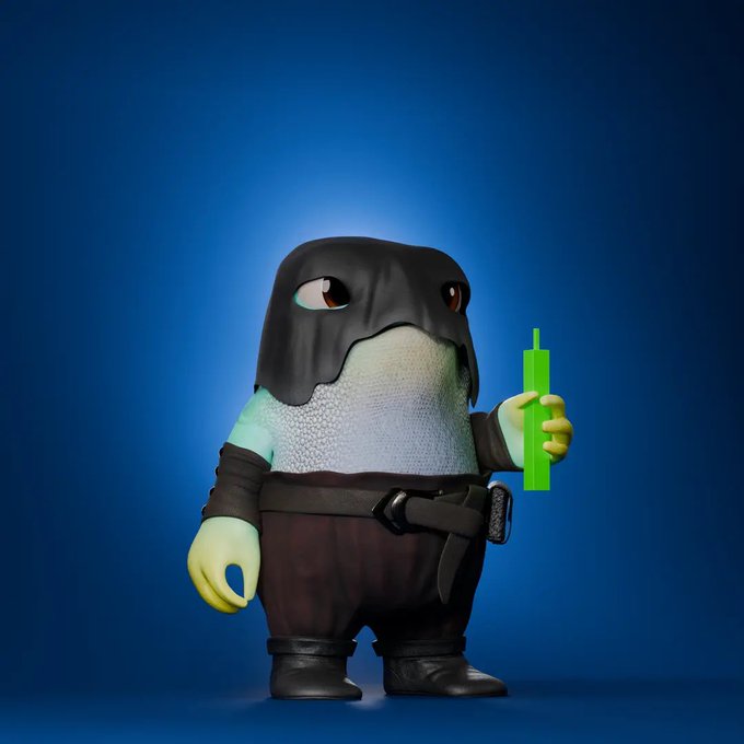 A 3D-rendered character with pale green skin wearing a black hood/mask, brown belt, and dark pants, holding a glowing green cross-shaped object against a blue background.