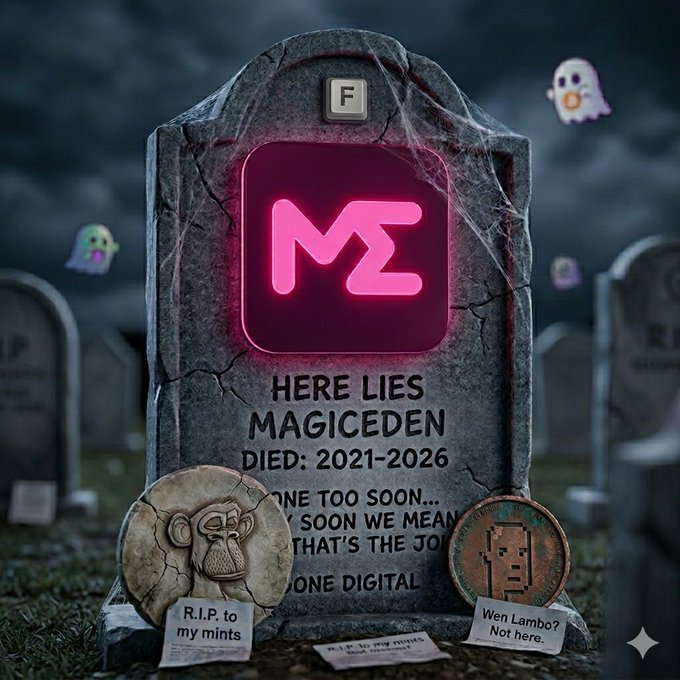 A tombstone reading "HERE LIES MAGIC EDEN DIED: 2021-2026" with the "ME" logo glowing pink, surrounded by ghost emojis and RIP coins referencing "my mints," visually symbolizing the post's lament over Magic Eden's fall from a leading Ordinals marketplace to a platform that abandoned its community by deleting Ordinals support and pivoting to gambling.