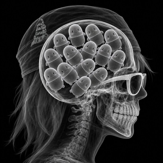 An X-ray style image of a skull and spine in profile, wearing glasses and a bandana, with the brain area replaced by a cluster of smiling, egg-shaped characters.