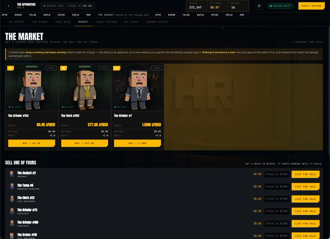 A dark-themed cryptocurrency gaming website called 'THE APPRENTICE' displaying a marketplace where virtual characters are bought and sold in $SPHR tokens, featuring 'THE MARKET' section with listings like 'The SPHR #164' and 'The Glitch #262'.