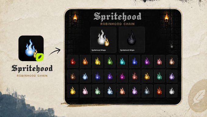 A promotional graphic showcasing the 'Spritehood' brand, displaying an app icon with a blue flame on the left and a grid of various colorful flame emojis labeled 'Spritehood Wisps' on the right, against a parchment-textured background.