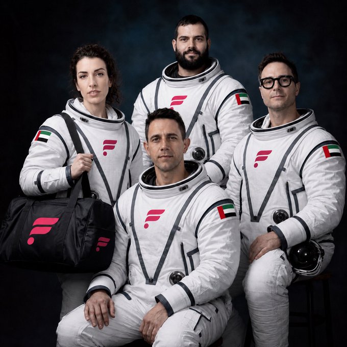 A group photo of four individuals in white spacesuits with UAE flags and Flipkart 'F' logos, appearing as the Flipkart 'space' themed marketing campaign.