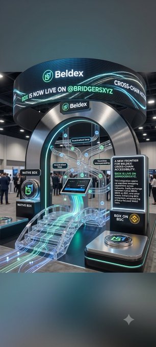 A futuristic trade show booth for Beldex DEX features glowing digital displays with text including 'BELDEX', 'CROSS-CHAIN', 'NATIVE DEX', and 'BDX ON BSC'.