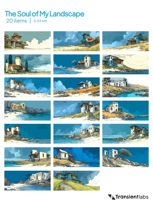 An NFT collection titled 'The Soul of My Landscape' featuring 20 items at 0.03 eth, displaying illustrated scenes of houses and buildings by the sea, by Transientlabs.