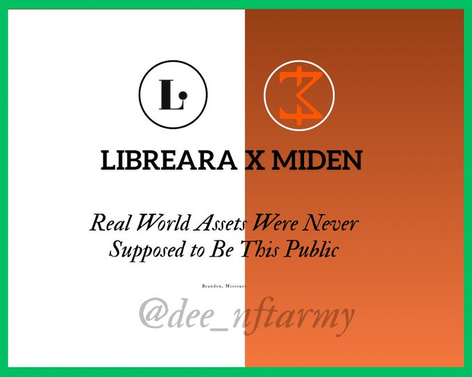 An announcement graphic featuring the logos for Libeara and Miden, accompanied by the text "LIBEARA X MIDEN" and the phrase "Real World Assets Were Never Supposed to Be This Public." The image visually represents the intersection of these two entities as their partnership seeks to bridge the gap between real-world asset tokenization and financial privacy.