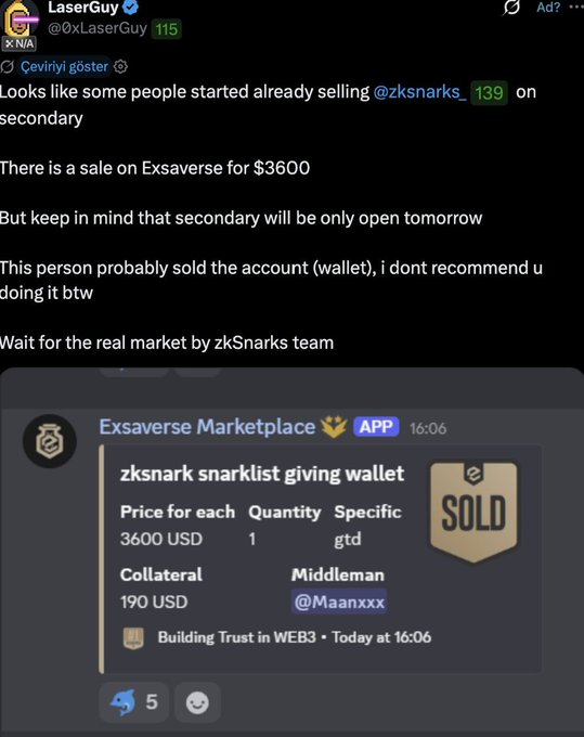 A Telegram post by user 'LaserGuy' warning about an NFT resale on Exsaverse for $3600, showing a screenshot of a 'zksnark snarklist giving wallet' listing marked as 'SOLD'.
